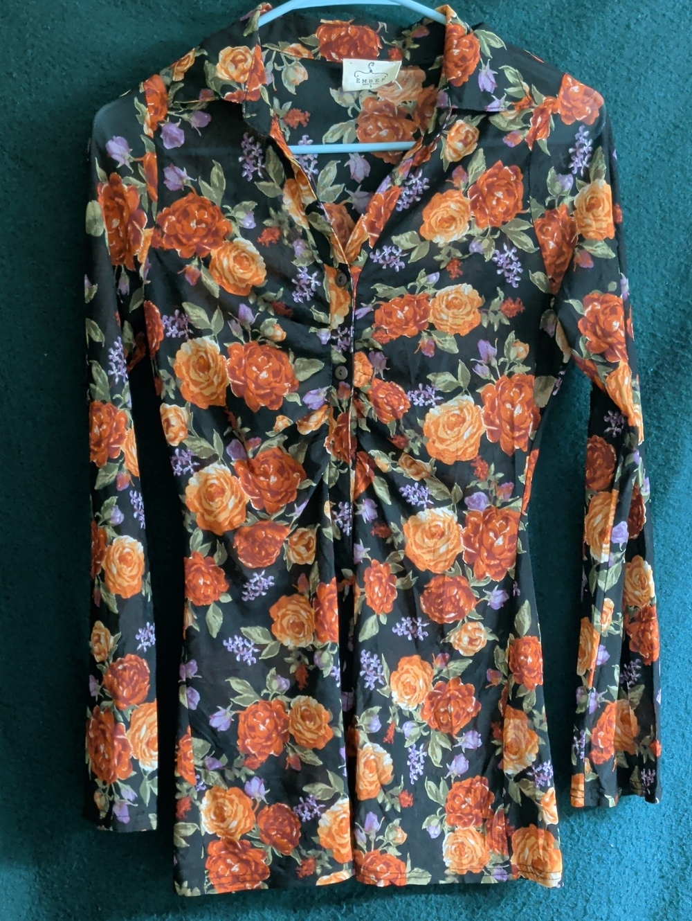 Women's Black Button-Down Floral Ruched Shirt with Orange Rose Print